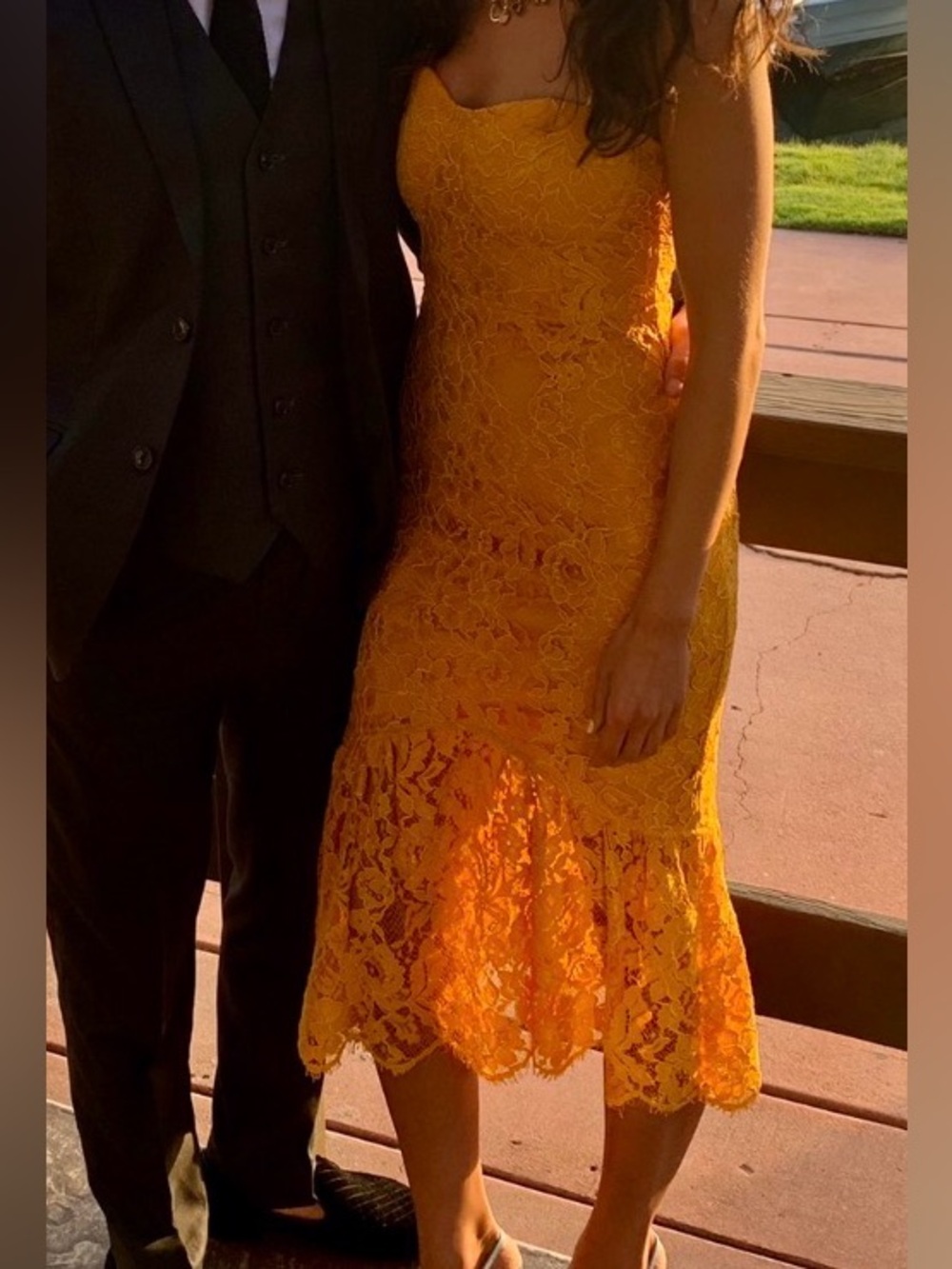 Lulus Divine Nights Golden Yellow Lace Strapless Midi Dress